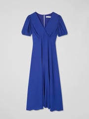 LK Bennett Blue Hermia Mazarine Viscose Petal Sleeve V-Neck Flared Dress - Image 4 of 4
