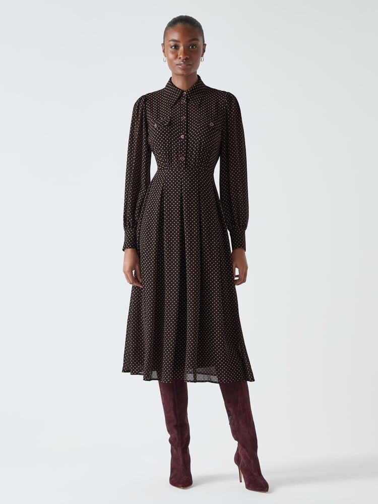 LK Bennett Brown Cody Polka Dot Print Pocket Shirt Dress - Image 1 of 4
