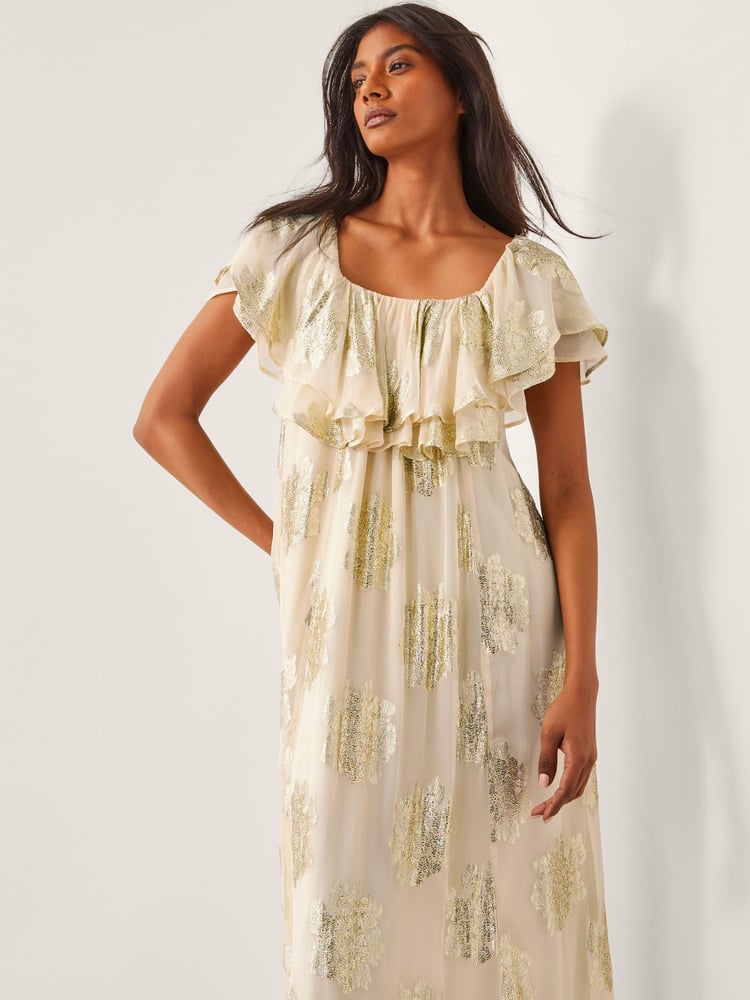 Monsoon Natural Lyra Metallic Ruffle Maxi Dress - Image 2 of 4