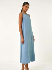 Roman Blue Satin A-Line Pocket Midi Dress - Image 2 of 5