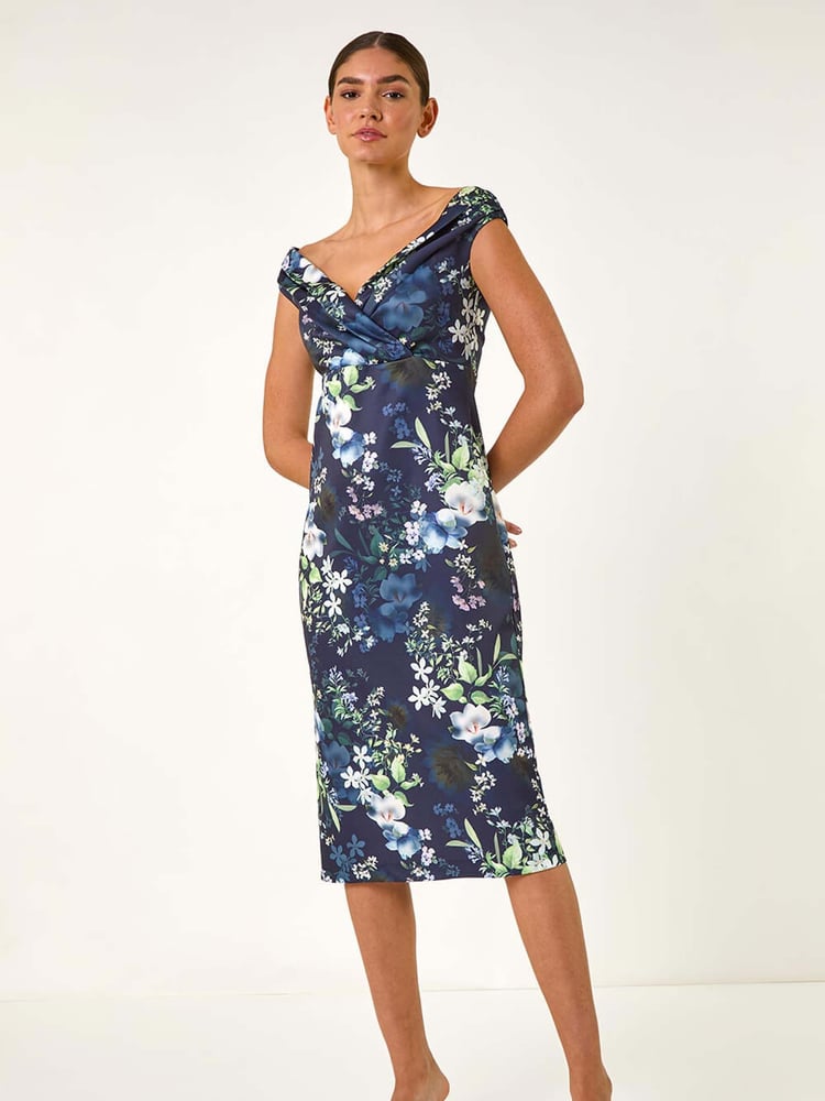 Roman Blue Floral Print Bardot Stretch Midi Dress - Image 1 of 5