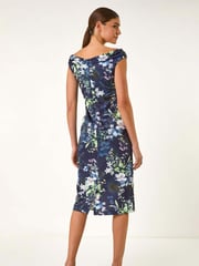 Roman Blue Floral Print Bardot Stretch Midi Dress - Image 3 of 5