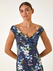 Roman Blue Floral Print Bardot Stretch Midi Dress - Image 4 of 5