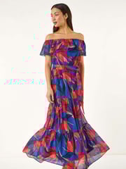Roman Blue Floral Print Bardot Belted Maxi Dress - Image 1 of 5