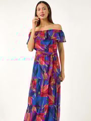 Roman Blue Floral Print Bardot Belted Maxi Dress - Image 2 of 5