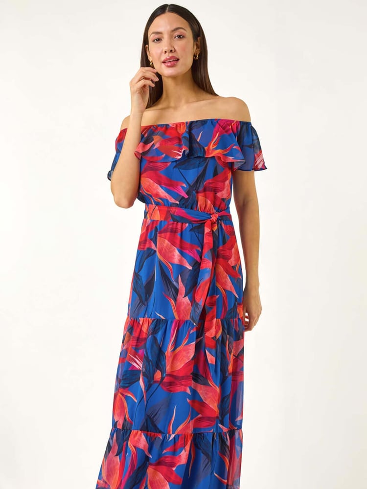 Roman Blue Floral Print Bardot Belted Maxi Dress - Image 2 of 5