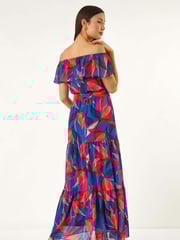 Roman Blue Floral Print Bardot Belted Maxi Dress - Image 3 of 5
