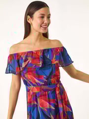 Roman Blue Floral Print Bardot Belted Maxi Dress - Image 4 of 5