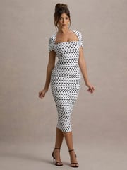 Club L London White Paxos Polka Dot Ruched Short Sleeve Midi Dress - Image 1 of 6