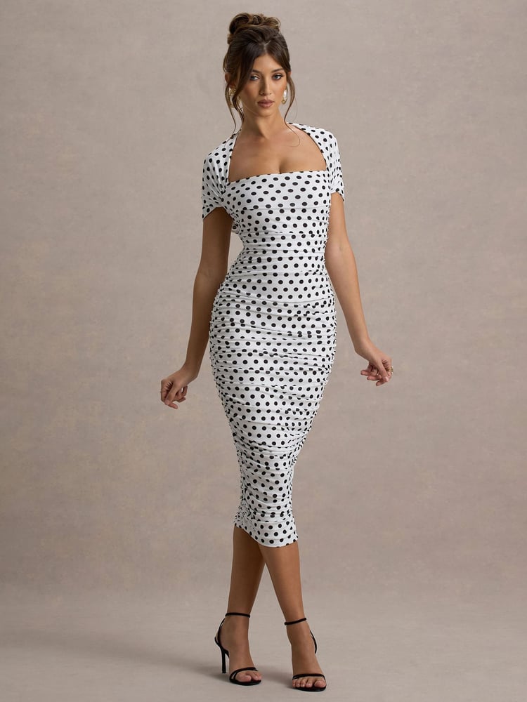 Club L London White Paxos Polka Dot Ruched Short Sleeve Midi Dress - Image 1 of 6