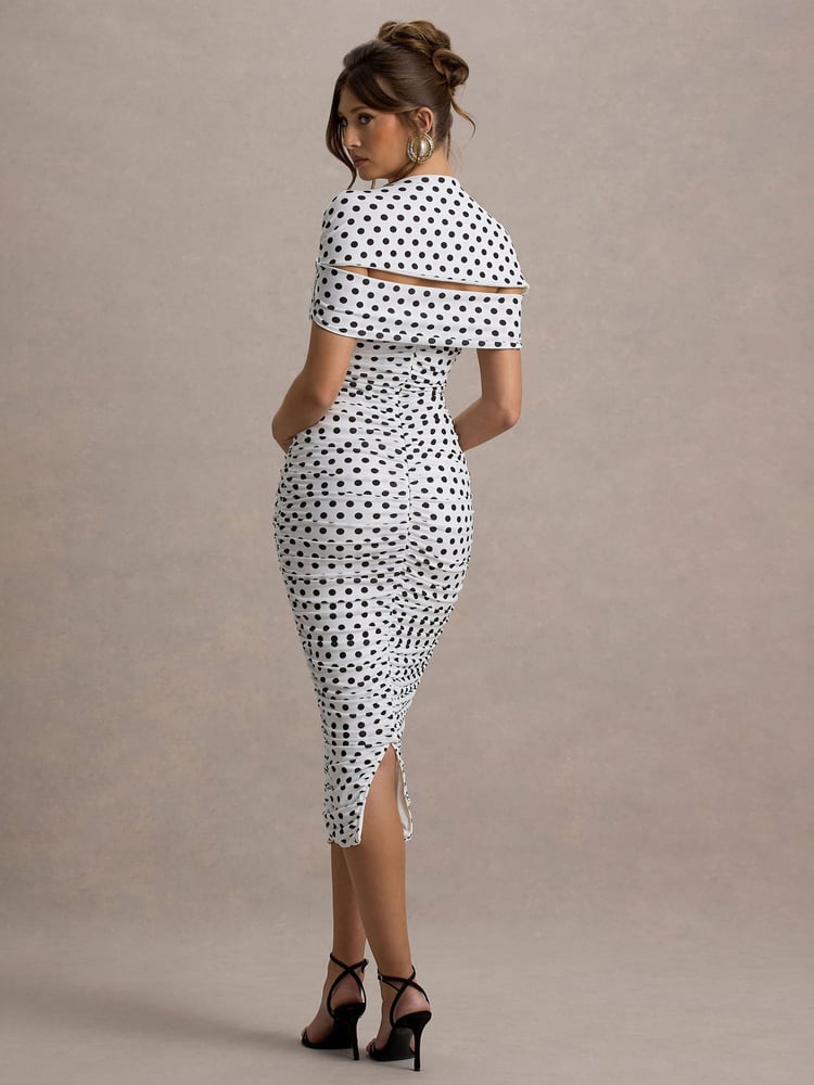 Club L London White Paxos Polka Dot Ruched Short Sleeve Midi Dress - Image 2 of 6