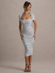 Club L London White Paxos Polka Dot Ruched Short Sleeve Midi Dress - Image 4 of 6