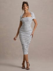 Club L London White Paxos Polka Dot Ruched Short Sleeve Midi Dress - Image 6 of 6