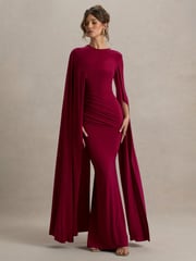 Club L London Red Magdelena Asymmetric Cape Maxi Dress - Image 1 of 6