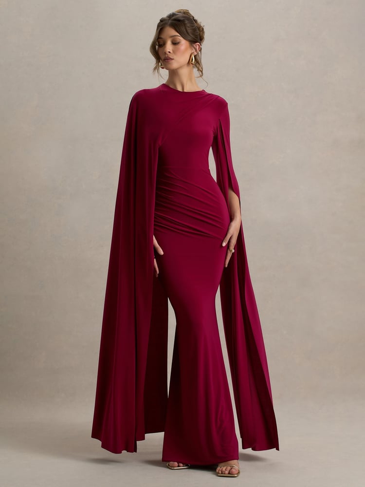 Club L London Red Magdelena Asymmetric Cape Maxi Dress - Image 1 of 6