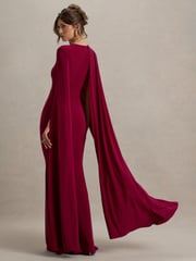 Club L London Red Magdelena Asymmetric Cape Maxi Dress - Image 2 of 6