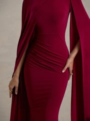 Club L London Red Magdelena Asymmetric Cape Maxi Dress - Image 6 of 6