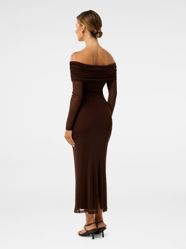 Forever New Brown Minnie Petite Mesh Bardot Midi Dress - Image 2 of 5