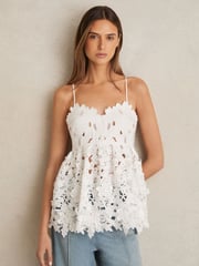 Reiss Ivory Melody Cotton Cut Out Lace Cami Top - Image 1 of 6