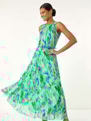 Roman Green Blurred Print Pleated Maxi Dress - Image 1 of 5