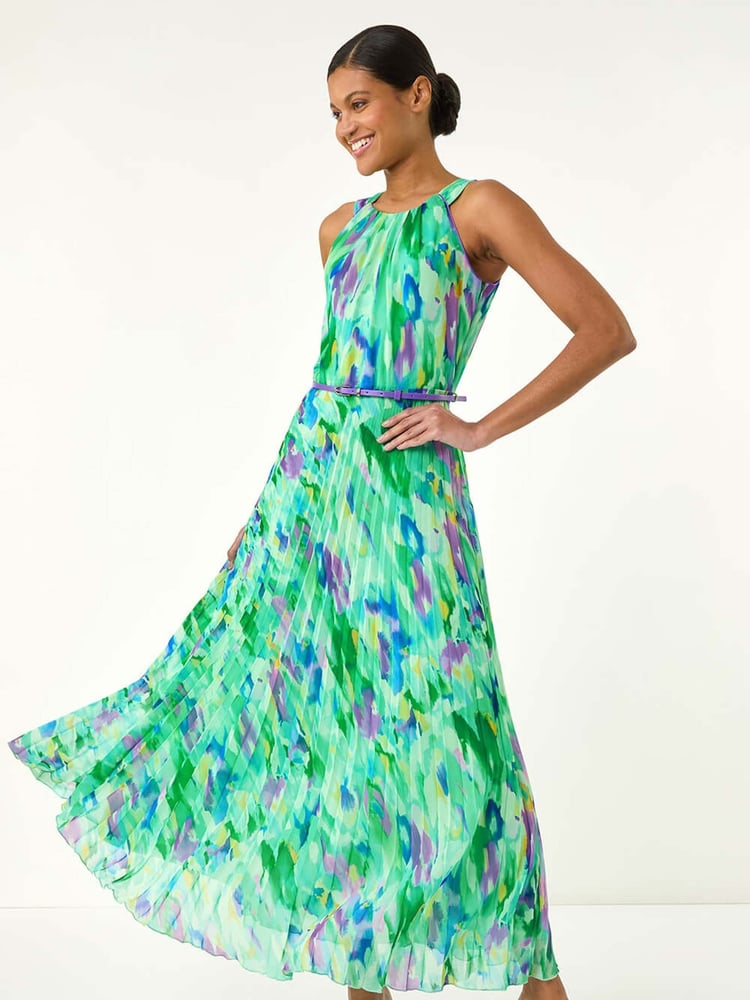 Roman Green Blurred Print Pleated Maxi Dress - Image 1 of 5