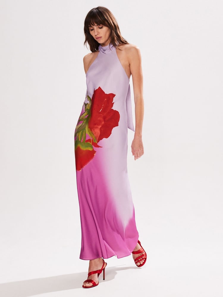 Ro&Zo Pink Petite Margot Rose Print Halter Neck Dress - Image 2 of 3