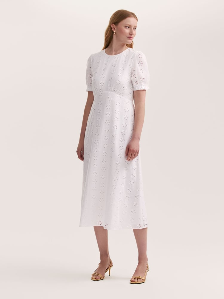 Finery White Mela Cotton Broderie Midi Tea Dress - Image 1 of 4