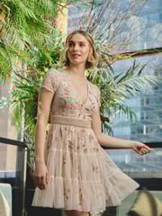 Adrianna Papell Pink Bead Mesh Cocktail Dress - Image 1 of 6