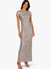 Adrianna Papell Silver Beaded Mesh Long Dress - Image 1 of 6