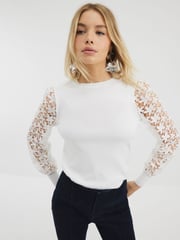 River Island White Hybrid Lace Sleeve Jumper - Image 1 of 4