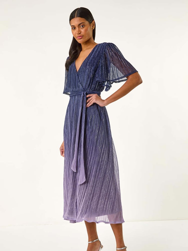 Roman Blue Ombre Plisse Midi Wrap Dress - Image 2 of 5