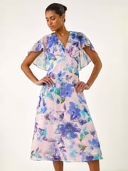 Roman Purple Floral Print Cape Back Midi Dress - Image 1 of 5