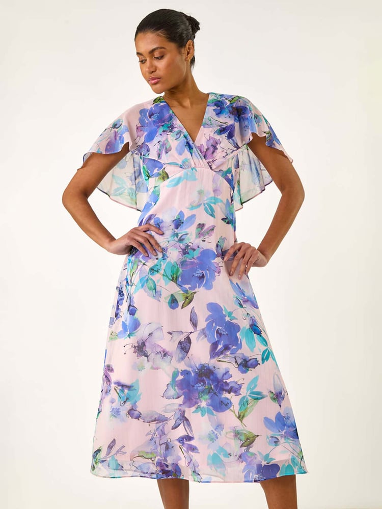 Roman Purple Floral Print Cape Back Midi Dress - Image 1 of 5