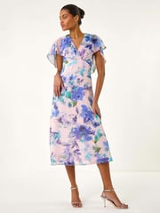 Roman Purple Floral Print Cape Back Midi Dress - Image 2 of 5