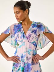 Roman Purple Floral Print Cape Back Midi Dress - Image 4 of 5