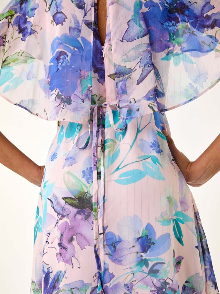 Roman Purple Floral Print Cape Back Midi Dress - Image 5 of 5