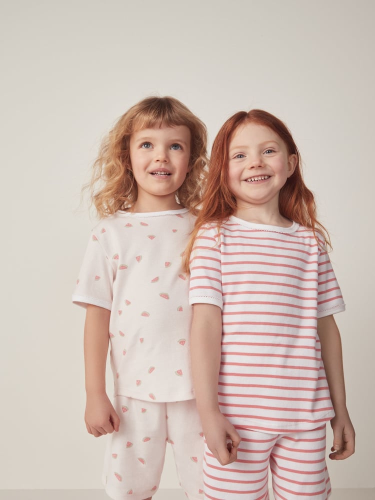 The White Company Slim Fit 100% Cotton Watermelon and Stripe White Short Pyjamas Set - Image 1 of 6
