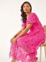 Roman Pink Crochet Lace V-Neck Midi Dress - Image 1 of 5
