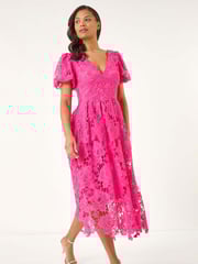 Roman Pink Crochet Lace V-Neck Midi Dress - Image 2 of 5