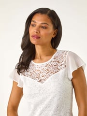 Roman Cream Chiffon Sleeve Floral Print Lace Blouse - Image 4 of 5