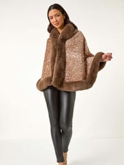 Roman Brown Embellished Faux Fur Trim Cardigan Cape - Image 1 of 5