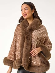 Roman Brown Embellished Faux Fur Trim Cardigan Cape - Image 2 of 5