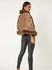 Roman Brown Embellished Faux Fur Trim Cardigan Cape - Image 3 of 5