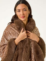 Roman Brown Embellished Faux Fur Trim Cardigan Cape - Image 4 of 5