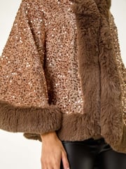Roman Brown Embellished Faux Fur Trim Cardigan Cape - Image 5 of 5