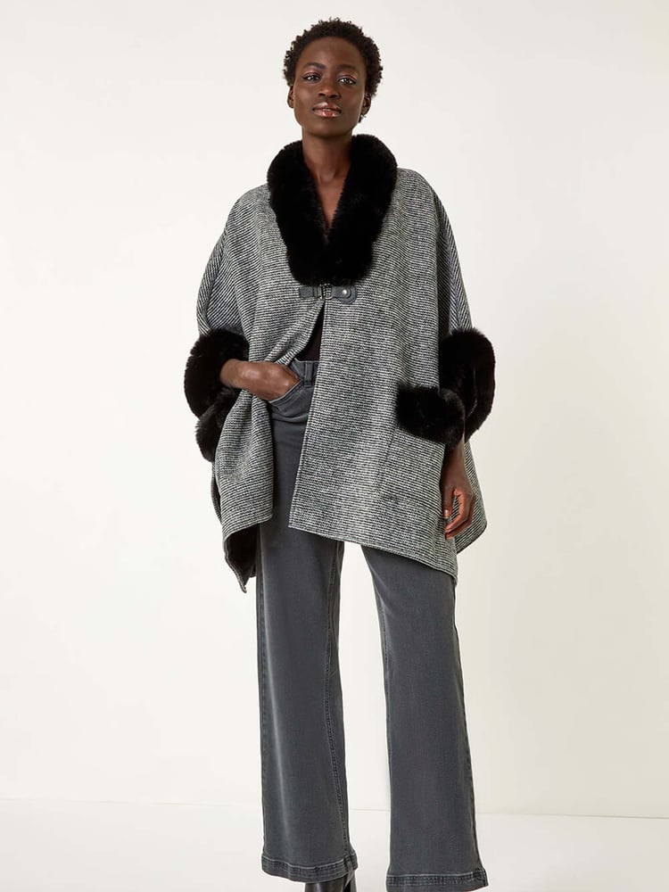 Roman Black Faux Fur Pocket Knit Cardigan Cape - Image 1 of 5