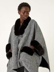 Roman Black Faux Fur Pocket Knit Cardigan Cape - Image 2 of 5