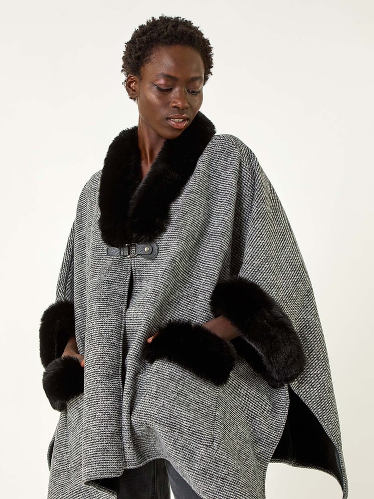 Roman Black Faux Fur Pocket Knit Cardigan Cape - Image 2 of 5