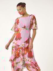 Roman Pink Floral Painted Frill Midi Dress - Image 1 of 5