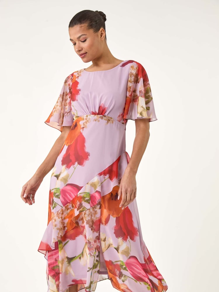 Roman Pink Floral Painted Frill Midi Dress - Image 1 of 5